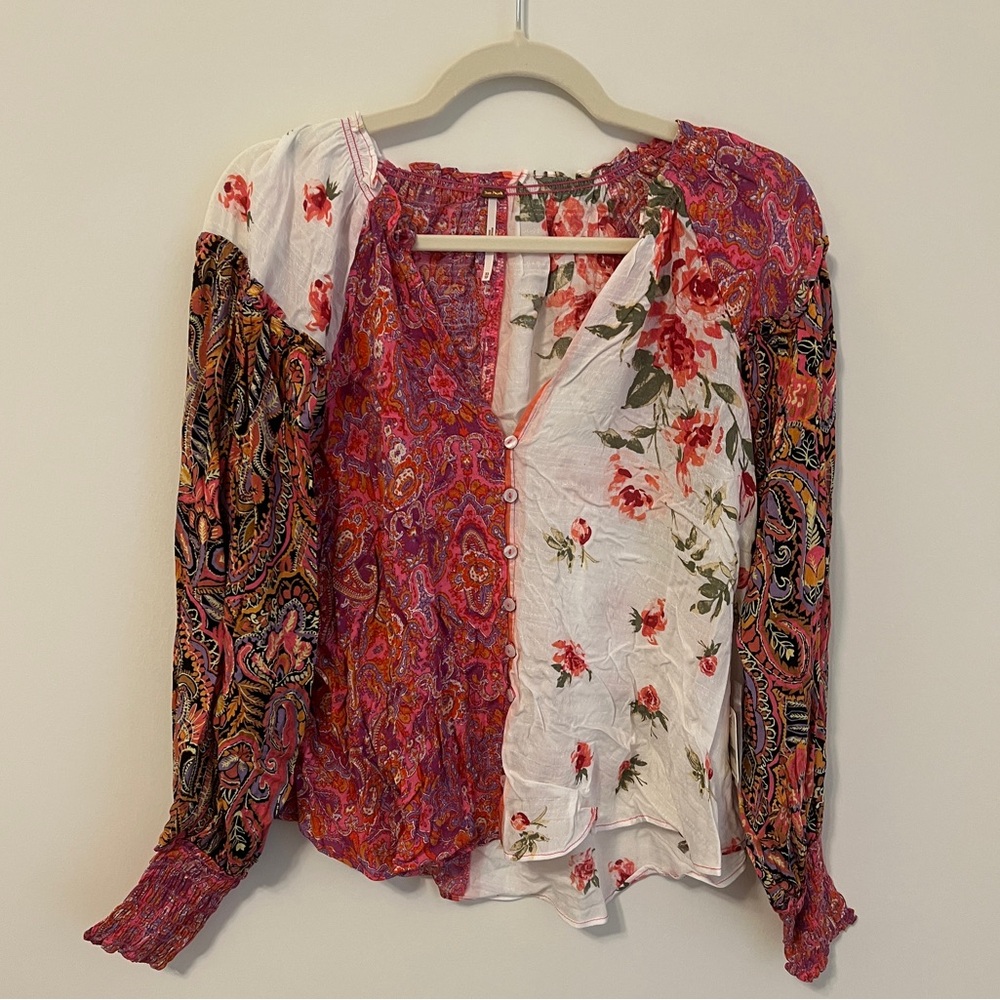 Free People Mixed-Print Floral Peasant Blouse - Pink/White